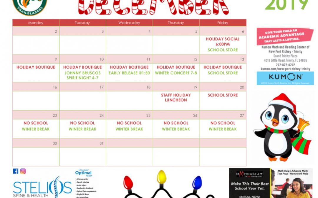 December Parent Calendar Trinity Elementary School